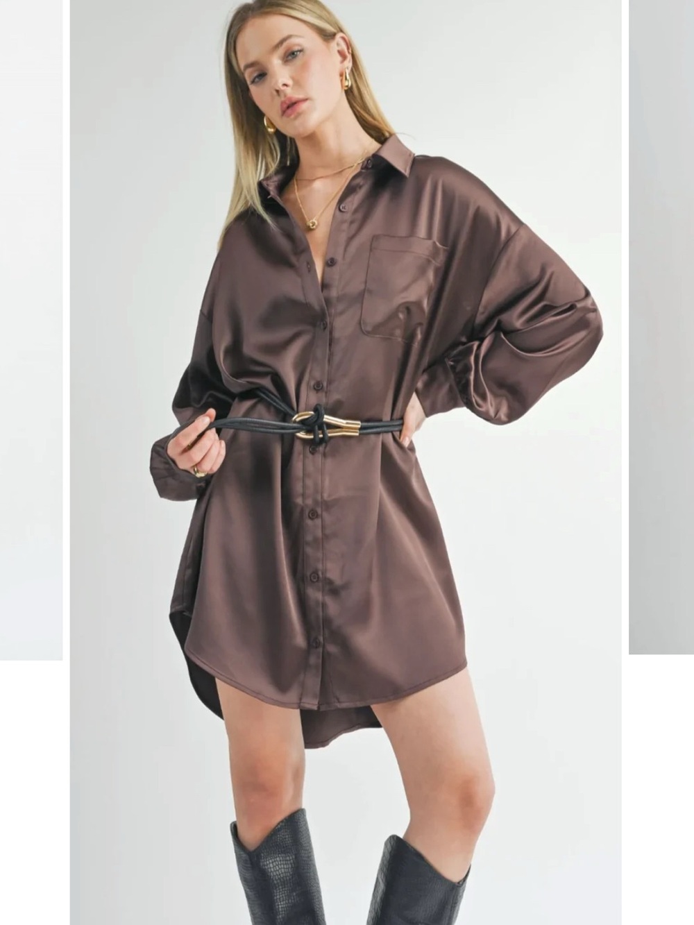 Sage The Label - Women’s Brown Satin Button Down Long Collared Dress Shirt